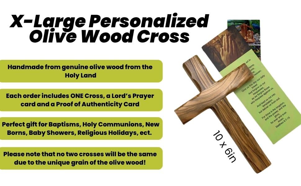 iHoly Land Crafts Olive Wood Wall Cross, Handmade in Bethlehem, 10x6in - size: 10"L x 6"W
