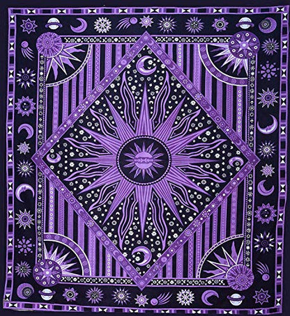 Popular Handicrafts Wall Hanging Tapestry For Bedroom Hippie Burning Sun and Moon Meditation Bohemian Hippy Psychedelic Design Indian Tapestries Bedspread 90 x 108 inches (230cm x 270cm) Green - color: Purple, size: 108"L x 90"W