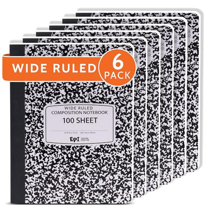 6 Pack - EPI Marble Hardcover Wide Ruled Composition Notebook | 200 Pages (100 Sheets), 9.75 x 7.5 in, Sturdy Sewn Binding | School, Office, Journaling, Notes - size: Pack of 6, style: Wide Ruled