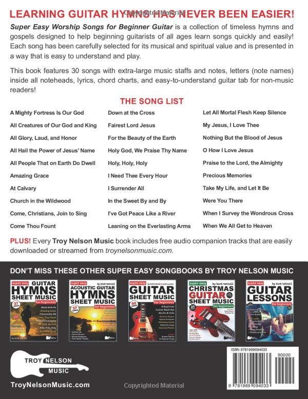 Super Easy Worship Songs for Beginner Guitar: 30 Hymns and Gospels in Big Letter Notes and Guitar Tab—Amazing Grace, Holy, Holy, Holy, and More (Large Print Letter Notes Sheet Music)