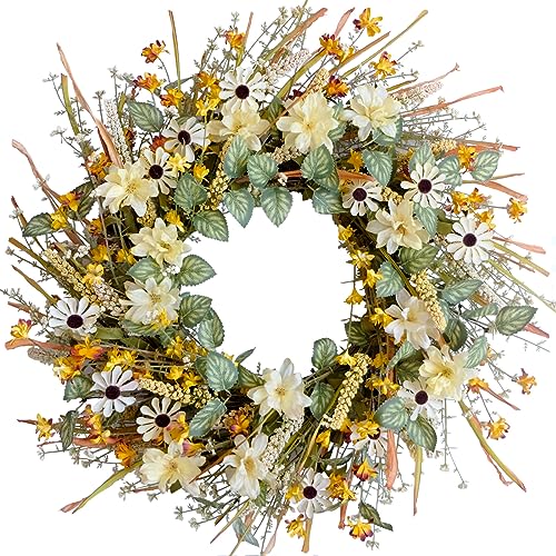 idyllic 22 Inches Spring Wreath for Front Door with Yellow and White Daisies Flowers, Ear of Wheat, Green Leaves, Fall Harvest Wreath for Festival Thanksgiving Farmhouse Wall Home Decor - size: 22 Inch