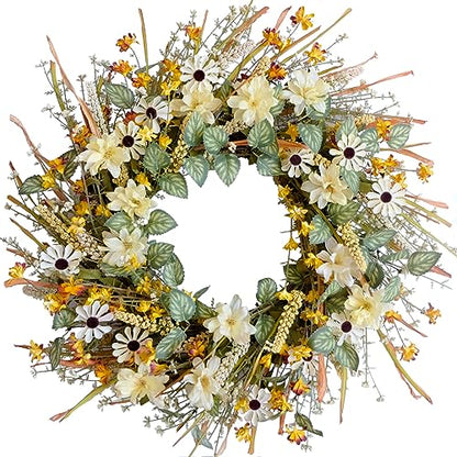 idyllic 22 Inches Spring Wreath for Front Door with Yellow and White Daisies Flowers, Ear of Wheat, Green Leaves, Fall Harvest Wreath for Festival Thanksgiving Farmhouse Wall Home Decor - size: 22 Inch