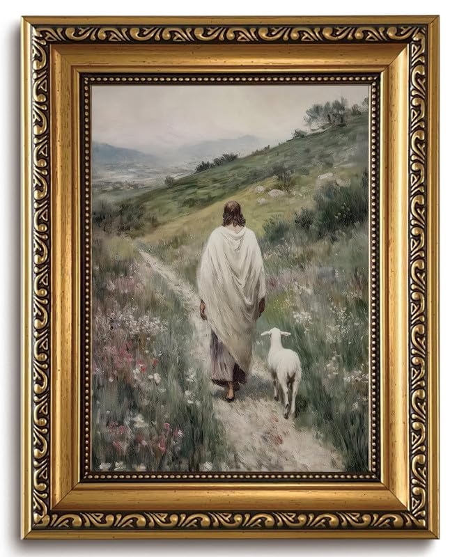 Gold Framed Jesus Shepherd Wall Art Jesus Leaves the 99 Sheep 8x10in - color: Gold Framed-06, size: 10"L x 8"W