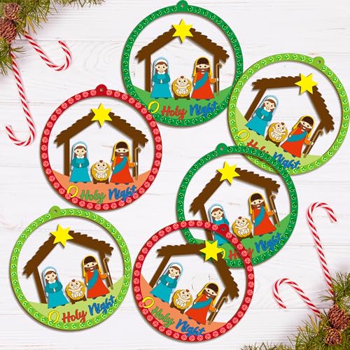 BeYumi Christmas Wooden Ornament Craft - 20Pcs Nativity DIY Wooden Ornaments Craft Kit for Kids Make Your Own Nativity Christian Religious Xmas Craft with Gem Sticker Church Party Decoration Supplies - style: Round