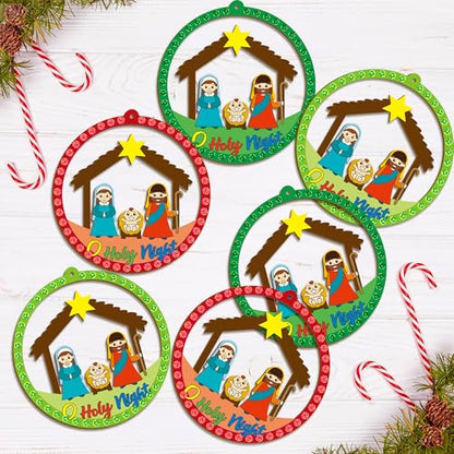 BeYumi Christmas Wooden Ornament Craft - 20Pcs Nativity DIY Wooden Ornaments Craft Kit for Kids Make Your Own Nativity Christian Religious Xmas Craft with Gem Sticker Church Party Decoration Supplies - style: Round