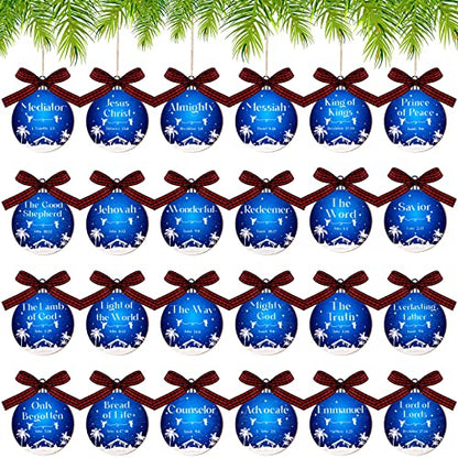 24 Pcs Names of Jesus Wooden Christmas Ornament, Blue and White, Round - color: Blue and White
