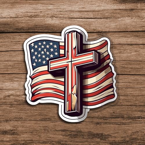 American Flag Cross Sticker Christian Faith Vinyl Decal 5 Inch Jesus Religious USA Graphic for Car Truck Laptop Window Water Bottle Bumper Spiritual Patriotic Theme Illustration - color: 03