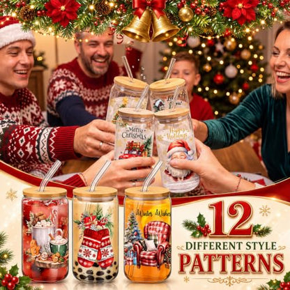 Teenyyou 12 Sets Christmas Glasses Cups with Bamboo Lid and Glass Straw, 16 oz Red Buffalo Plaid Christmas Glass Jar Drinking Cups, Festive Santa Snowman Elk Coffee Cup for Xmas Holiday Party Gifts - style: Red Black Plaid