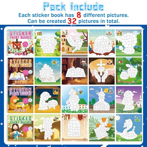 4PCS Bible Sticker Books Paint by Number Activity Book Bulk Christian Religious Sunday Crafts Nativity Puzzle Gift Church Set for Easter Christmas Party Favor with Jesus Cross 32 Pictures - style: Bible
