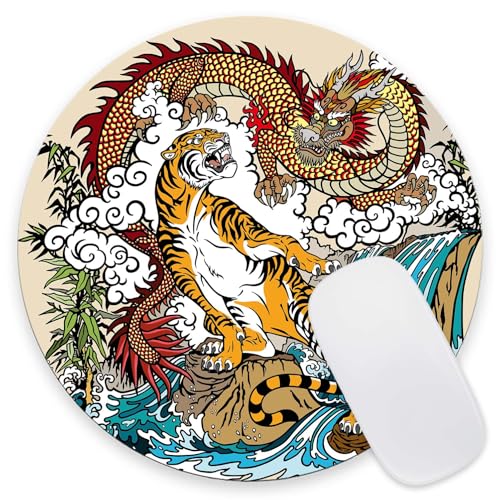 Mouse Pad, Chinese Dragon and Tiger Mouse Pads with Design, Round Washable Cloth Personalized Mouse Mat, Gaming Office Home Non-Slip Rubber Base Computer Mousepad 7.9×7.9×0.12 inches - color: Chinese Dragon and Tiger