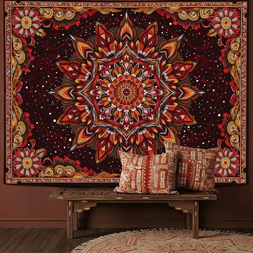 Motanber Mandala Floral Tapestry Wall Hanging Boho Red Orange Tapestry Aesthetic Hippie Vintage Bohemian Flower Indian Cute Small Tapestries for Bedroom Living Room Dorm Decor 48 x 36 Inch - color: Red Orange, size: 48"L x 36"W