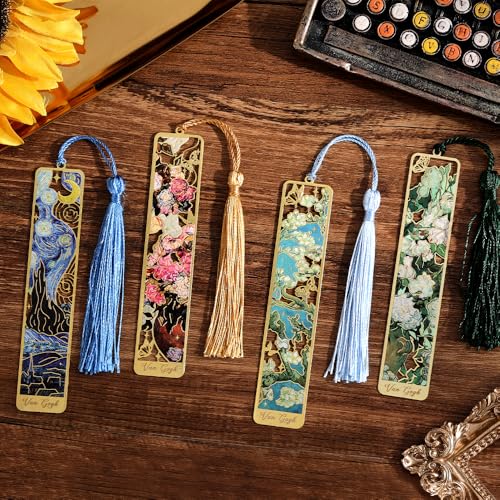 icceemee 4 Pieces of Gold Hollow Bookmarks with Tassels, Featuring Van Gogh and Monet Oil Painting Themes Perfect for Book Lovers, Writers, Readers, Children, Teenagers, Men, Women, and Adults - style: Oil Painting Theme Set of 4