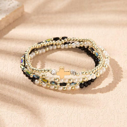 Colorful Cross Charm Bracelets for Women Men Adjustable Gold Plated Beaded Bracelet Boho Bead Ball Stretch Bracelet Birthday Summer Beach Jewelry - color: Black B