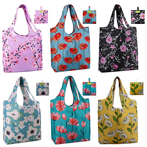 BeeGreen Flower Reusable Shopping Bags Cute Grocery Bag 6 Pack, Christmas Gift Bags Heavy-Duty Foldable Shopping Totes for Supermarket, Work & Travel, Large Washable Polyester Tote Bag with Handles - color: Purple, Yellow, Red