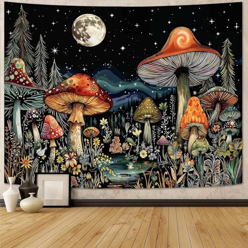 Fungarth Vintage Mushroom Forest Tapestry Moon Night Floral Tapestries Wall Hanging Nature Plant Small Tapestry for Bedroom Living Room Study Classroom Dorm 48 x 36 inch - color: Retro Yellow, size: 48"L x 36"W
