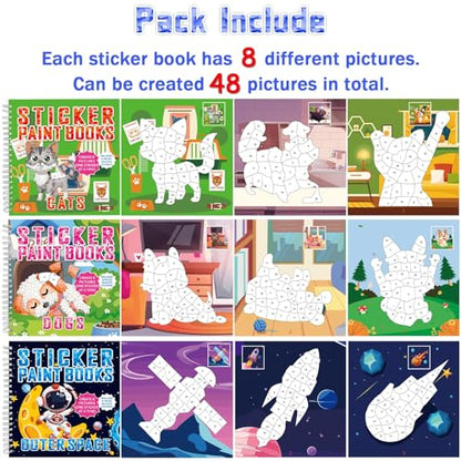 gisgfim 6 Pcs Paint by Sticker Books Sticker by Number Books Activity Book Sticker Puzzle Book Craft Art Gift with Mermaid Truck Outer Space Cat 48 Pictures Sticker by Number Book Set Party Favors - style: Cute Cartoon