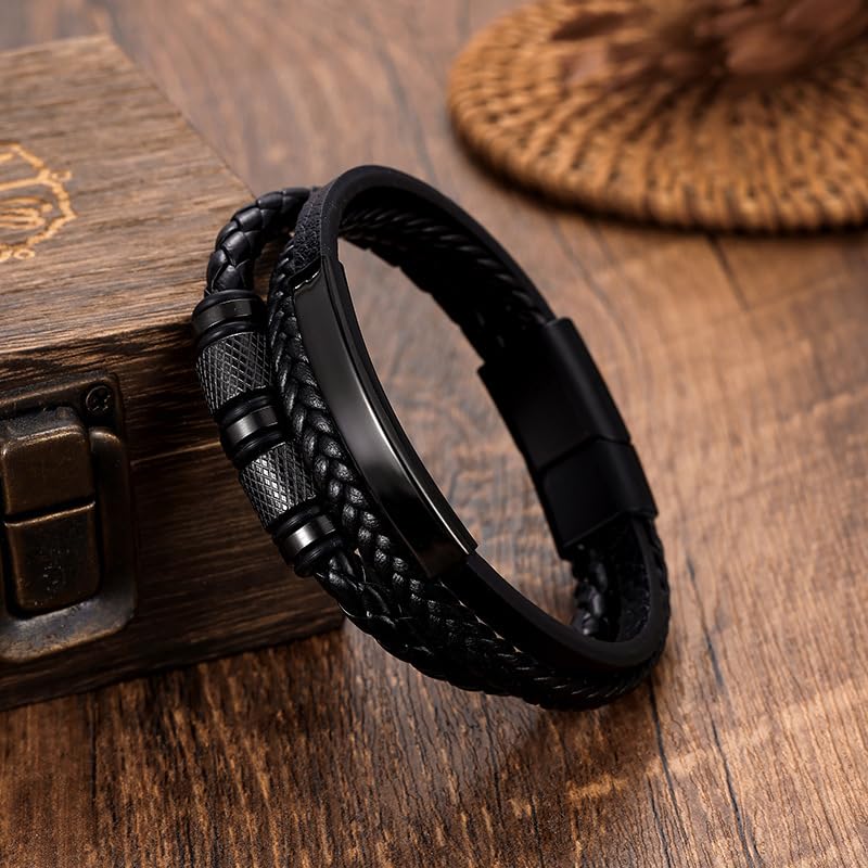 Kim Carrey Italian Handmade Leather Bracelets for Men - color: Pure Black, size: 8.2"