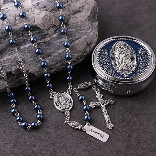 HanlinCC Guadalupe Catholic Rosary Glass Pearl Beads Necklace with Gift Box - color: Guadalupe Rosary Blue