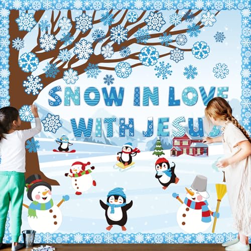 Winter Bulletin Board Decoration Set with Background Paper & Borders Cutouts for Christian Sunday School Classroom Church Decor Christmas Snow in Love with Jesus Bulletin Board Craft Home Wall(Winter) - style: Snow in Love with Jesus