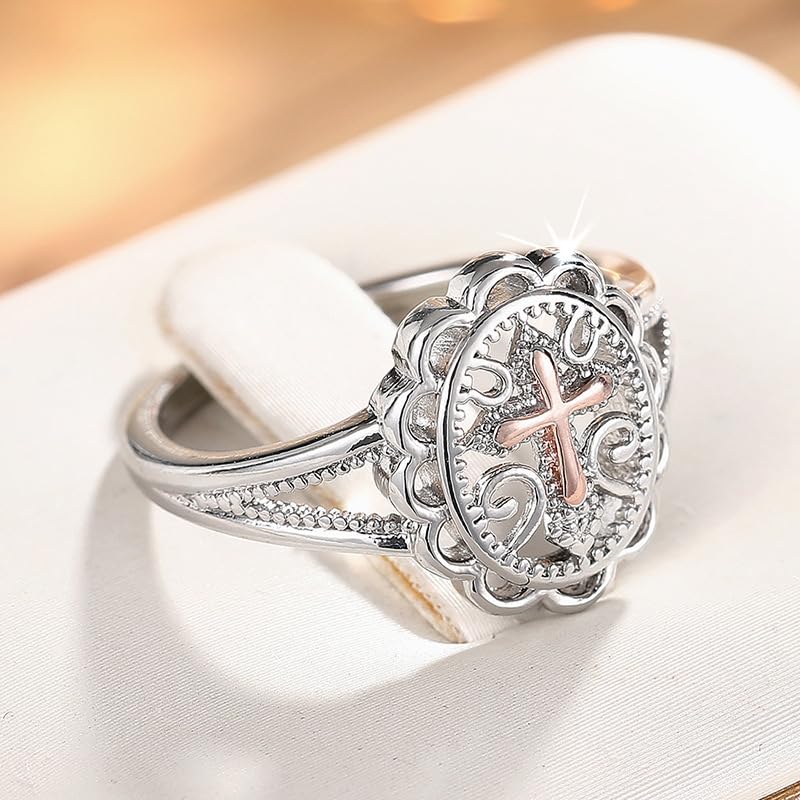 Two-Tone 925 Sterling Silver Plated Cross Statement Rings for Women Men,Victorian Religious Style Signet Oval Shape Cross Ring for Women's Jewelry Gifts Size 8# - size: 8#