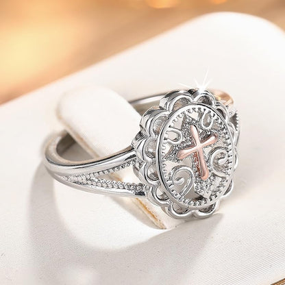 Two-Tone 925 Sterling Silver Plated Cross Statement Rings for Women Men,Victorian Religious Style Signet Oval Shape Cross Ring for Women's Jewelry Gifts Size 8# - size: 8#