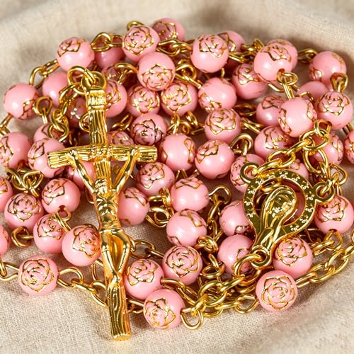 Handmade Rosary Beads for Women, Elegant Catholic Gifts for First Communion, Confirmation & Spiritual Prayer, Unique Beaded Rosary Necklace with Zippered Case - color: Pink - Our Lady of Lourdes