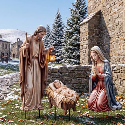 Shimeyao 3 Pcs Metal Christmas Outdoor Nativity Scene Set 49.2 Inch Large Christmas Holy Family Nativity Scene Decorations Includes Stakes Jesus Joseph Mary for Front Door Garden Home Patio Outside - style: Nativity Scene