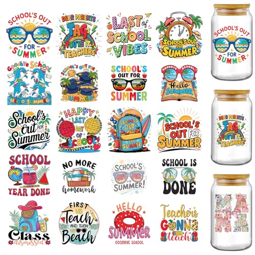 UV DTF Cup Wrap - 20 Sheets Goodbye School Hello Pool Funny UV DTF Decals for 16 oz Glass Cups, End of School Year Summer Vacation Party Cold Transfer Stickers for DIY Water Bottle Tumbler Decoration - style: Summer Vacation