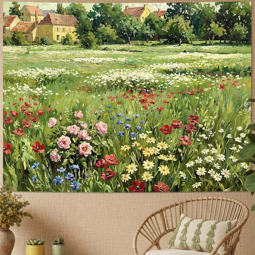 Lifeel Vintage Countryside Meadow Tapestry, Green Landscape Field Flower Oil Painting for Living Room Bedroom Decor, 60x80 inches - color: Green, size: 80"L x 60"W