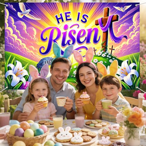 IVN He Is Risen Easter Banner 71x43 Inch Christian Cross Empty Tomb Lilies - color: He Is Risen Empty Tomb Cross Christian