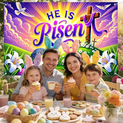 IVN He Is Risen Easter Banner 71x43 Inch Christian Cross Empty Tomb Lilies - color: He Is Risen Empty Tomb Cross Christian