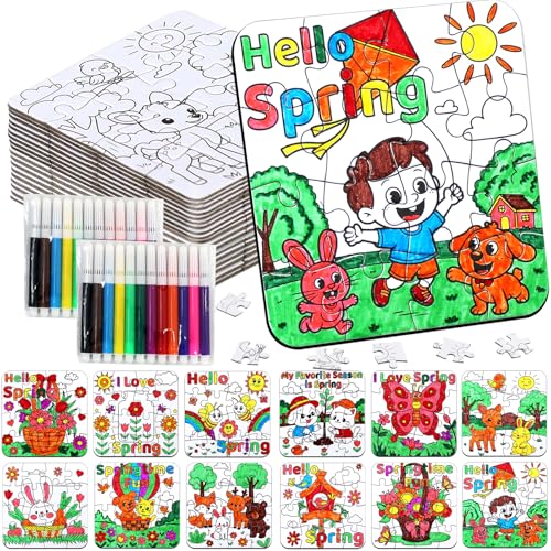 24Pcs Spring Crafts for Kids & Adults Bulk, Spring toddler Art and Craft DIY Puzzle Kits with Flower Butterfly Bee Bunny, Easter Jigsaw for School Classroom Activity April Party Favors & Gift Supplies - color: Spring Colorful