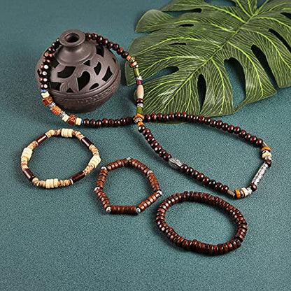 HZMAN Handmade Hemp Cords Wood Beads Leather Bracelets for Men Women - style: Bohemian