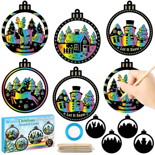 CY2SIDE 60PCS Winter Christmas Tree Ornaments Scratch Card, Xmas Hanging Scratch Paper Cards, Winter Magic Rainbow Color Paper Card for Classroom Project - style: Christmas Tree