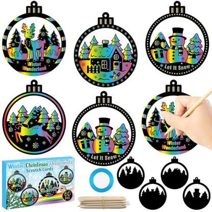 CY2SIDE 60PCS Winter Christmas Tree Ornaments Scratch Card, Xmas Hanging Scratch Paper Cards, Winter Magic Rainbow Color Paper Card for Classroom Project - style: Christmas Tree