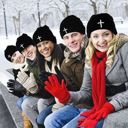 Unisex Stretch Warm Winter Skull Cap, Cold Weather Knit Beanie - color: Black - 3d Cross Embroidery