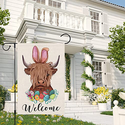 Louise Maelys Happy Easter Garden Flag 12x18 Double Sided Burlap, Small Vertical Highland Cow Welcome Yard for Spring Outdoor Outside Decoration