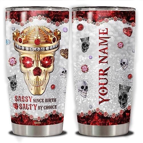 WAZONE Personalized Jewelry Crown Skull Tumbler With Lid Custom Name Sassy Since Birth Salty By Choice Insulated Stainless Steel 20oz 30oz TravelHalloween Themed Gift For Women Men - color: Skull