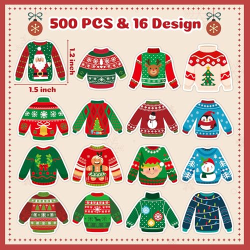 BeYumi Christmas Sweater Shaped Sticker - 1000Pcs Christmas Sweaters Stickers in 2 Rolls Winter Adhesive Cute Funny Wintertime Pullover Sweater Decal Holiday Party Favor Tag Gift Bottle Decor for Kids - style: Christmas Sweater