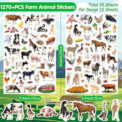 LINAYE 24 Sheets Farm Stickers for Kids, 1270 PCS Farm Animal Cow Horse Stickers for Scrapbooking,Water Bottles,Envelopes,Laptop for Kids Boys Girls - style: Farm Animal 24 Sheets
