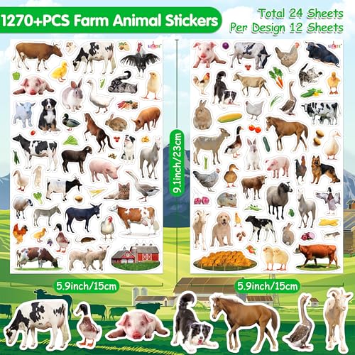 LINAYE 24 Sheets Farm Stickers for Kids, 1270 PCS Farm Animal Cow Horse Stickers for Scrapbooking,Water Bottles,Envelopes,Laptop for Kids Boys Girls - style: Farm Animal 24 Sheets