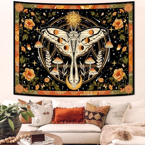 Aipon Orange Moth Tapestry Boho Retro Floral Flowers Tapestries Aesthetic Vintage Mushroom Tapestries for Bedroom Indie Sun Moon Tapestry Wall Hanging for Living Room Dorm (40'' × 30'') - color: Orange1, size: 40"L x 30"W
