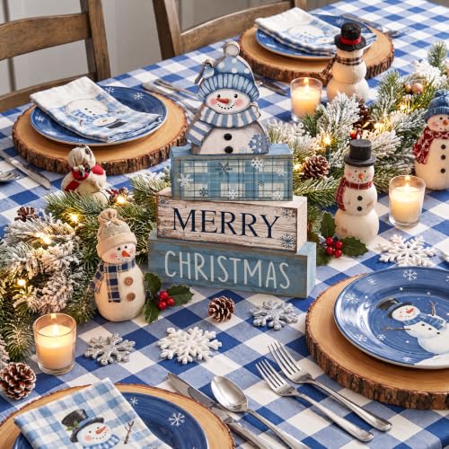 Lineshading 4 Pcs Christmas Table Decor, Blue Snowman Wooden Block Signs - style: Blue Snowman