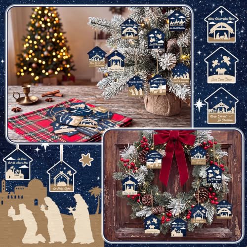 Soaoo 60 Pcs Christmas Nativity Scene Ornaments Bulk Wooden Decor, House - style: House