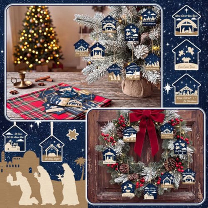 Soaoo 60 Pcs Christmas Nativity Scene Ornaments Bulk Wooden Decor, House - style: House