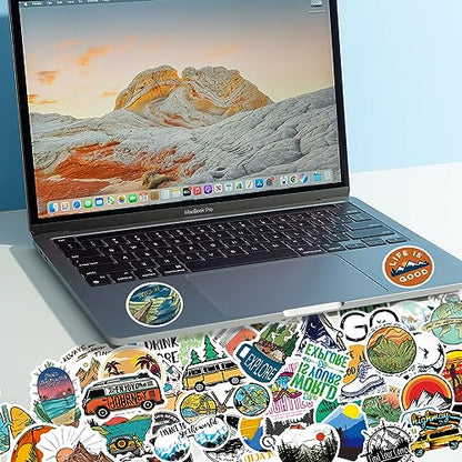 Outdoor Camping Hiking Adventure Stickers, 100pcs Waterproof Vinyl Travel Stickers for Water Bottle Laptop, Wilderness Nature Roadtrip Decals for Camper Bike Bumper Car Suitcase Luggage Skateboard - color: Green