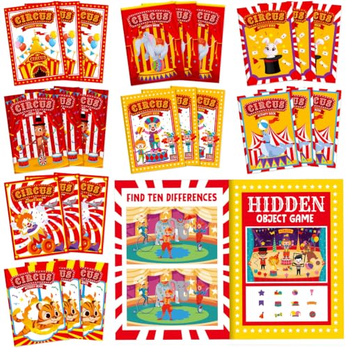 Kosiz 24 Pack Circus Activity Books for Kids Party Favors, 6.8 x 4.8 Inch Game Booklets with 8 Cover Styles, Double Sided Pages, Dot to Dot Crossword Games for Carnival Goodie Bags - style: Circus