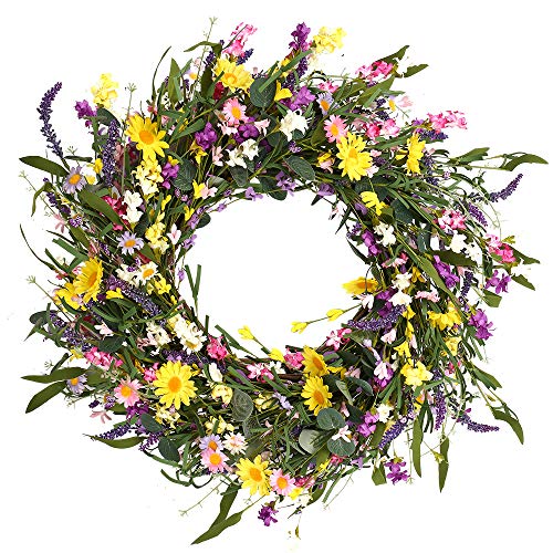 J'FLORU Spring Wreath 24 Inch Summer Wreaths for Front Door Artificial Flower Wreath with Daisy and Lavender for Indoor Outdoor and Easter Celebration