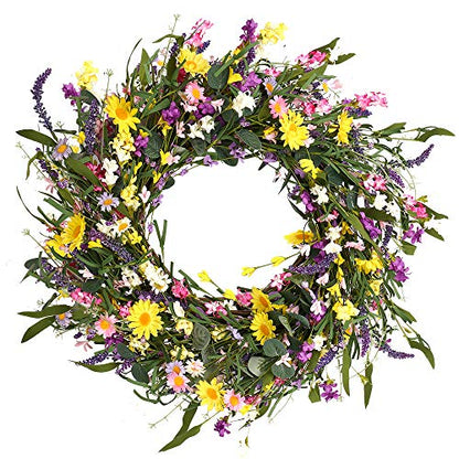 J'FLORU Spring Wreath 24 Inch Summer Wreaths for Front Door Artificial Flower Wreath with Daisy and Lavender for Indoor Outdoor and Easter Celebration