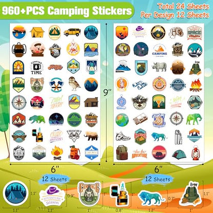 LINAYE 24 Sheets Travel Camping Stickers for Adults Kids, 960 PCS Nature Camp Stickers Waterproof Self Adhesive for Travel Bags Water Bottles, Camping Party Favors Supplies Rewards for Classroom - style: Camping 24 Sheets